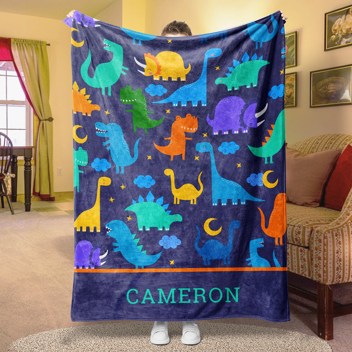 Custom Name Fleece Dinosaur At Night Blue Orange Blanket