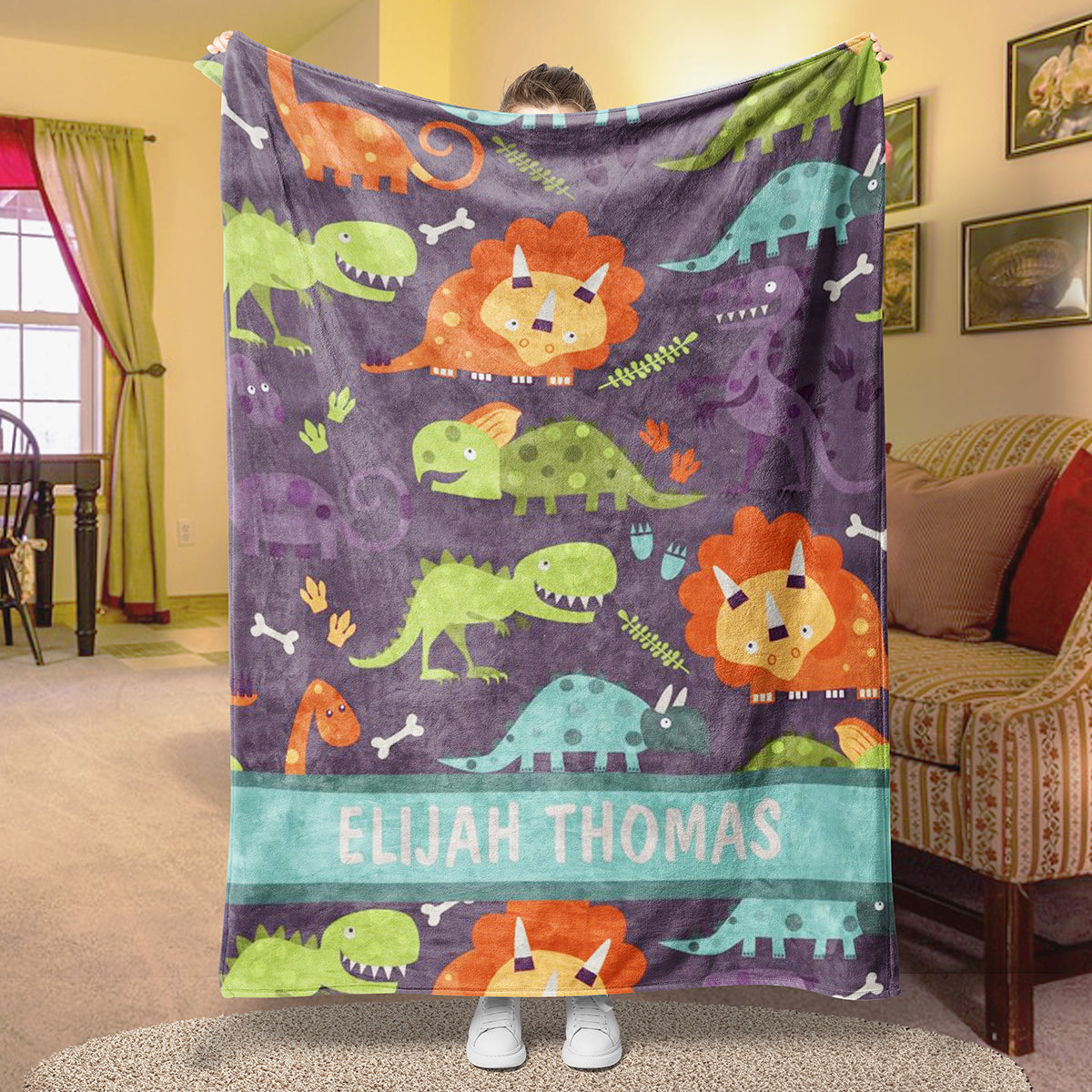 Custom Name Navy Dinosaur Jungle Cartoon Fleece Blanket