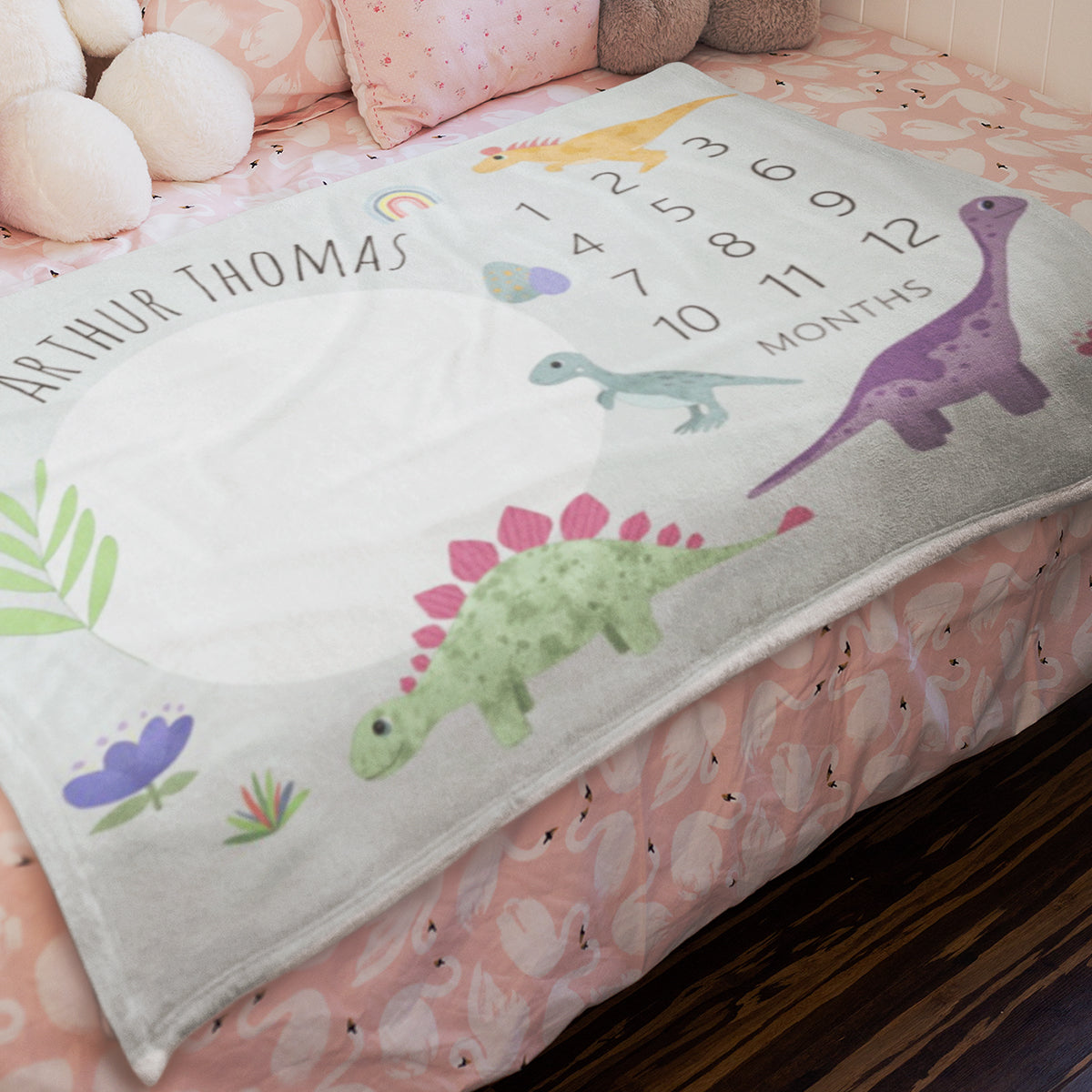 Custom Name Fleece Jungle Pink T-Rex Dinosaur Milestone Blanket