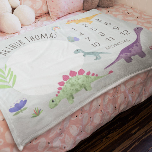 Custom Name Fleece Jungle Pink T-Rex Dinosaur Milestone Blanket