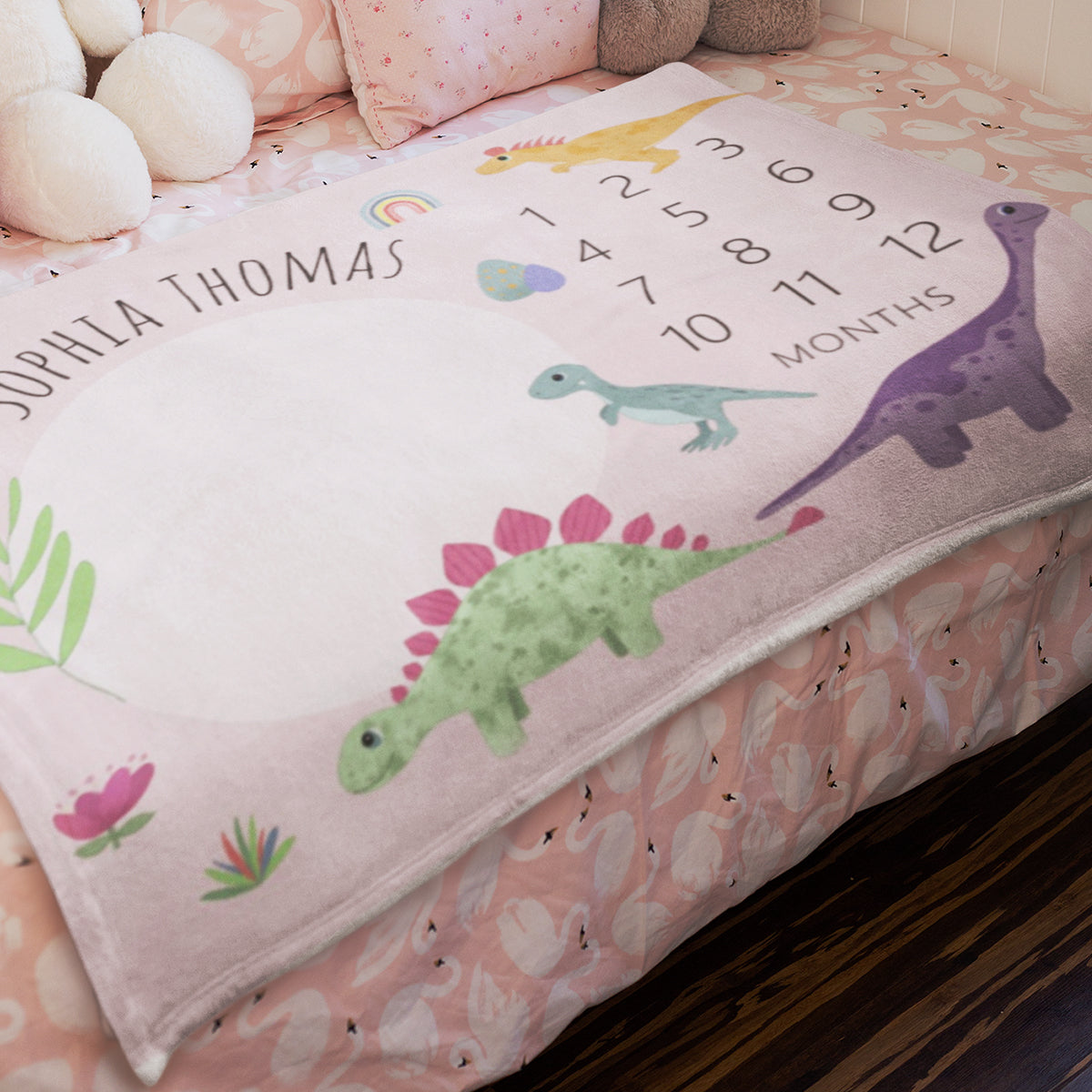 Custom Name Fleece Jungle Pink T-Rex Dinosaur Milestone Blanket