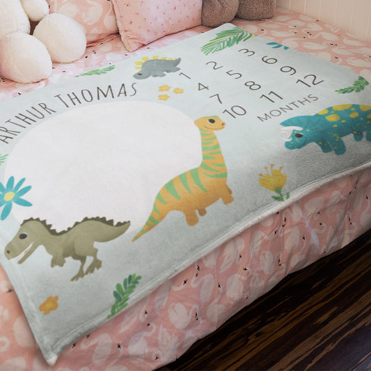 Custom Name Fleece Jungle Blue T-Rex Dinosaur Milestone Blanket