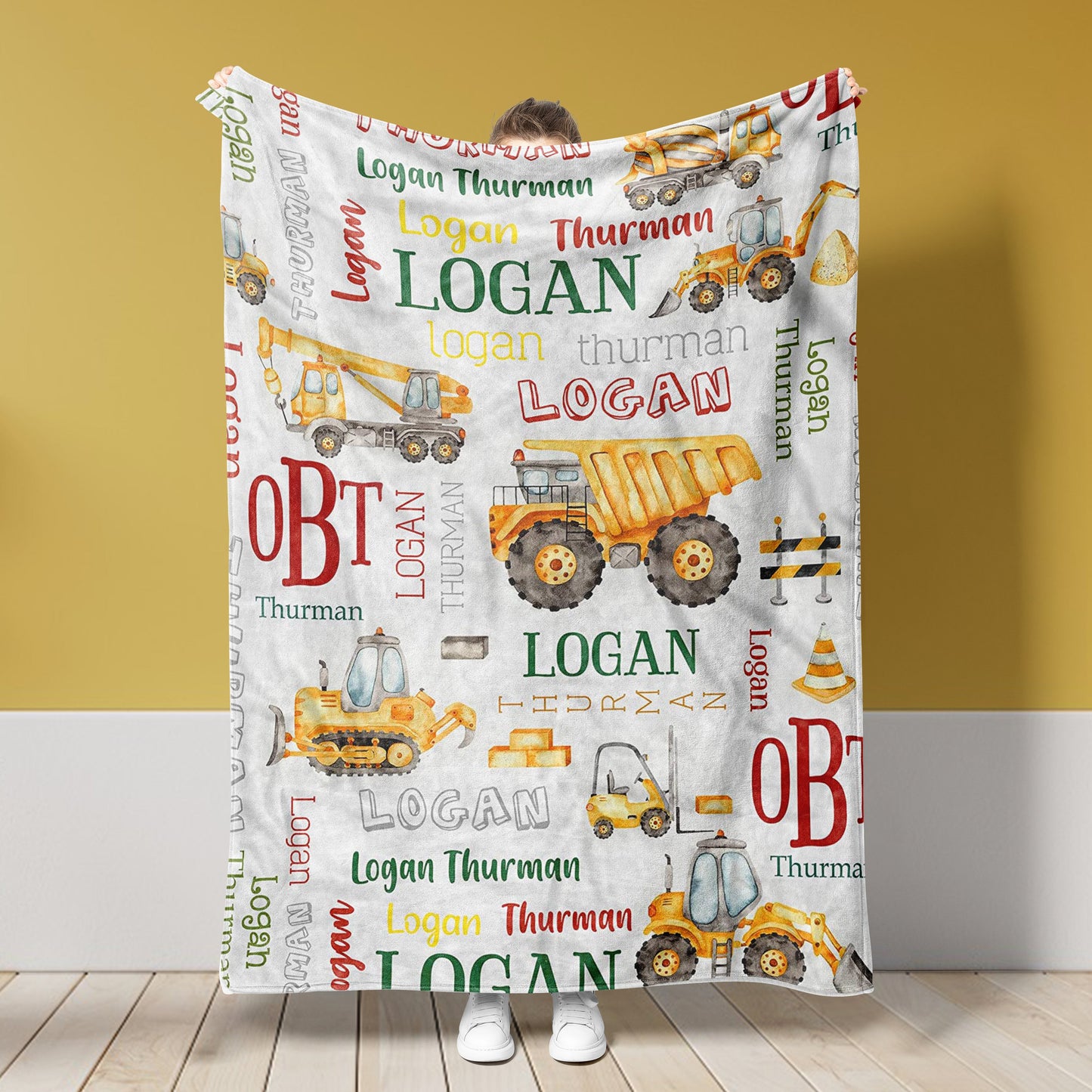 Personalized Name Fleece Construction Tractor Crane Blanket Toddler Baby Boy Girls | 112302