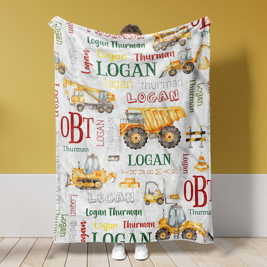 Personalized Name Fleece Construction Tractor Crane Blanket Toddler Baby Boy Girls | 112302