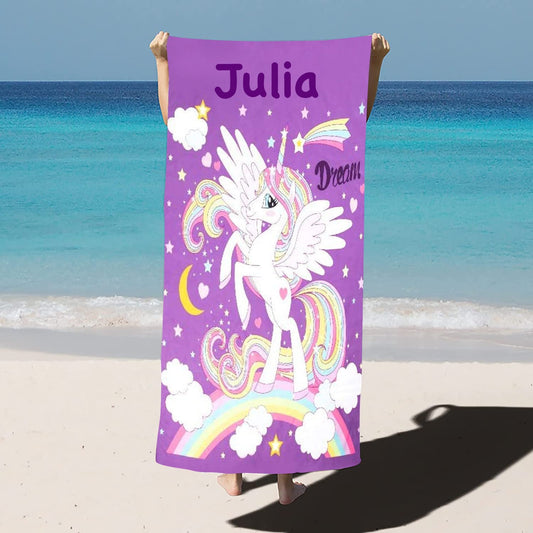 Unicorn Rainbow on The Cloud Personalized Kids Beach Towel