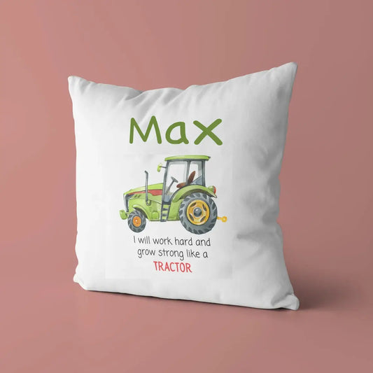 Personalized Baby Kids Throw Pillow Tractor Green I Will Work Hard
