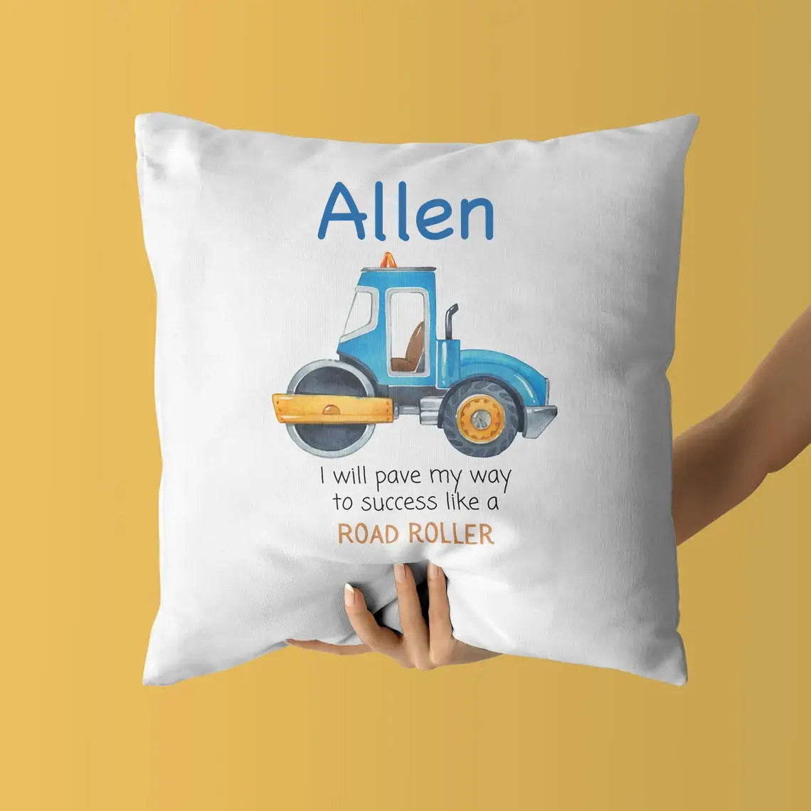 Personalized Baby Kids Throw Pillow Road Roller Blue