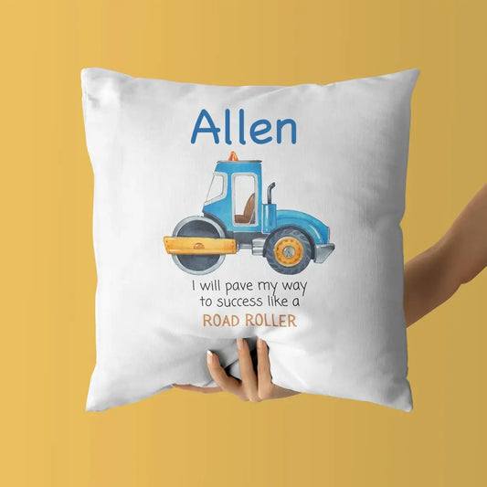 Personalized Baby Kids Throw Pillow Road Roller Blue