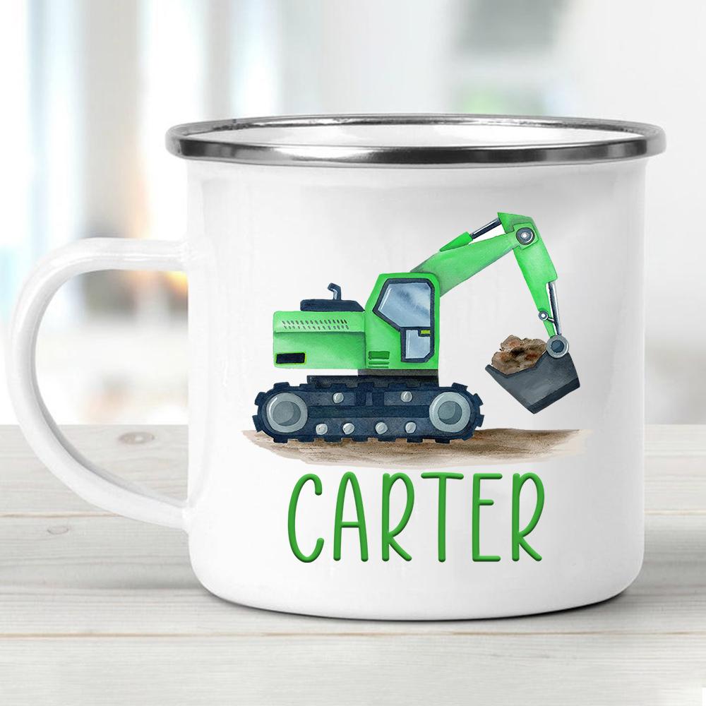 Personalized Enamel Mug Excavator Green Multi Colors Rim