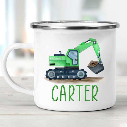 Personalized Enamel Mug Excavator Green Multi Colors Rim