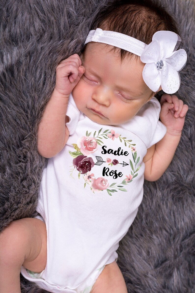 Personalized Baby Onesie With Name Flower Pink