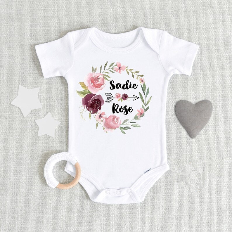 Personalized Baby Onesie With Name Flower Pink