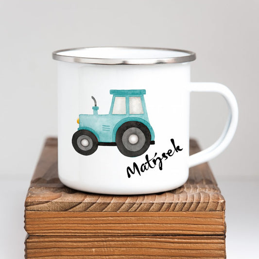 Personalized Enamel Mug Tracktor Blue Multi Colors Rim