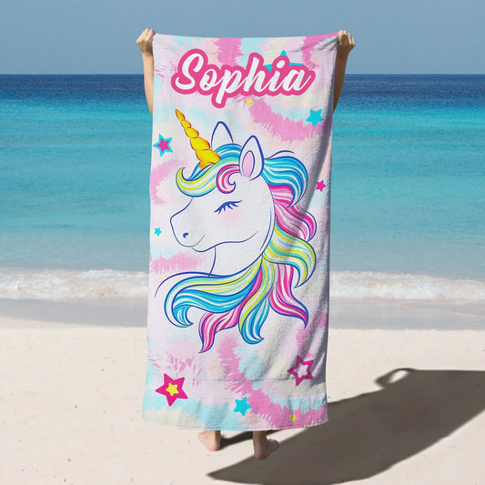 Personalized Kids Microfiber Beach Towel Magical Unicorn Colorful