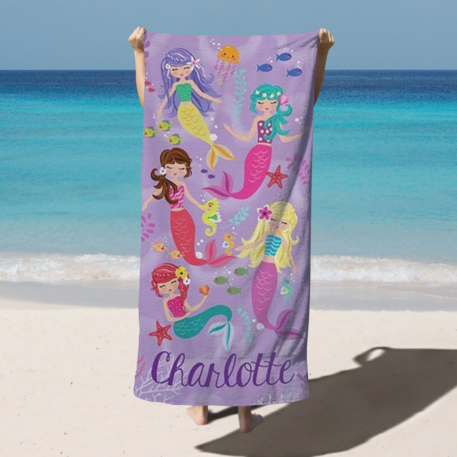 Personalized Kids Microfiber Beach Towel Mermaids Sea