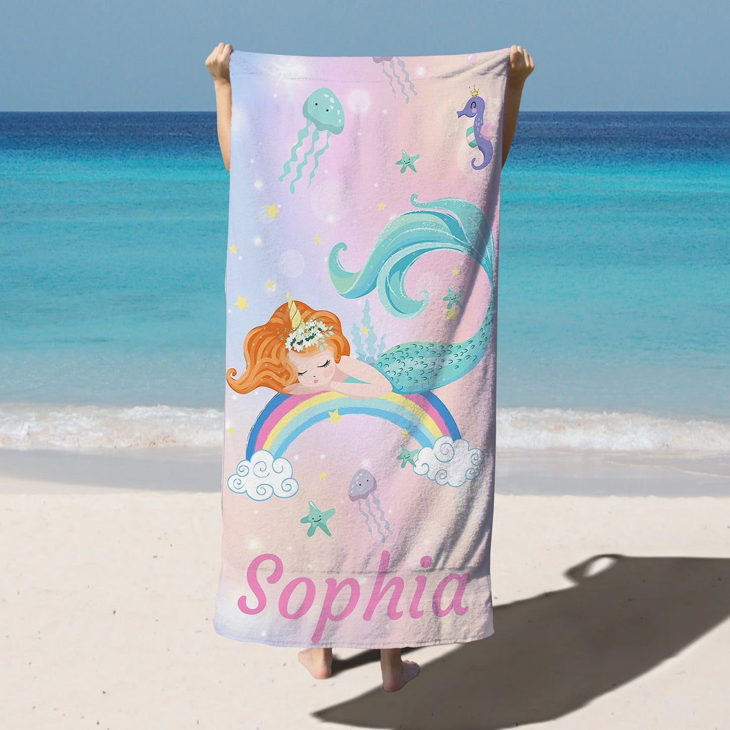 Personalized Kids Microfiber Beach Towel Mermaids Rainbow