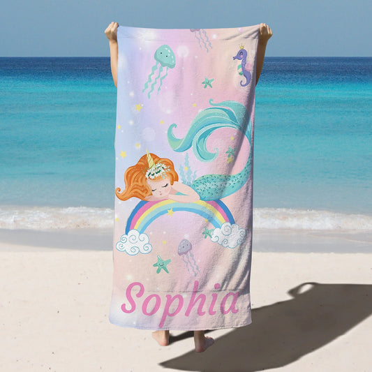 Personalized Kids Microfiber Beach Towel Mermaids Rainbow