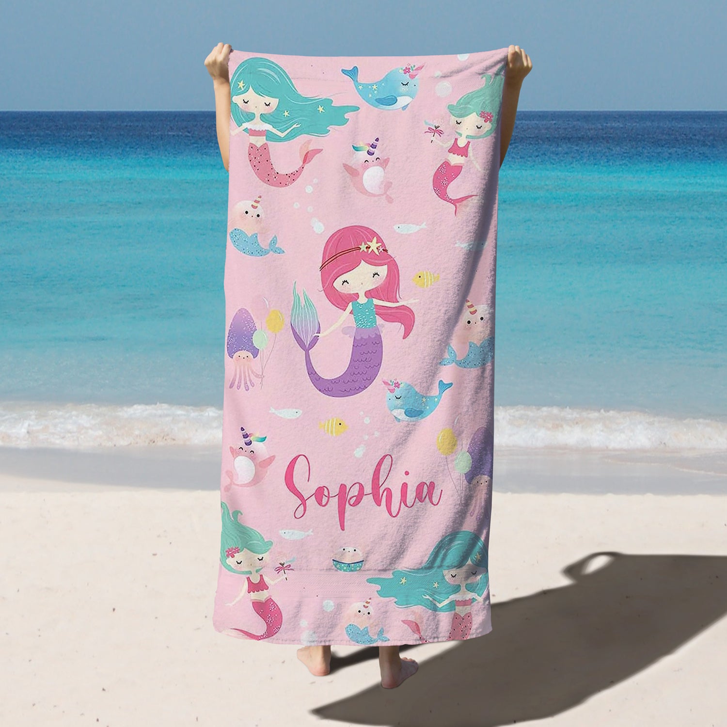 Personalized Kids Microfiber Beach Towel Mermaids Fish