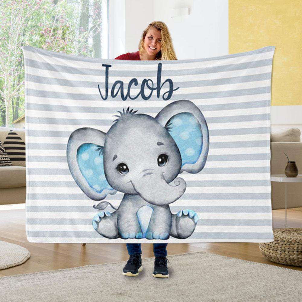 Personalized Elephant Name Fleece Blanket Blue