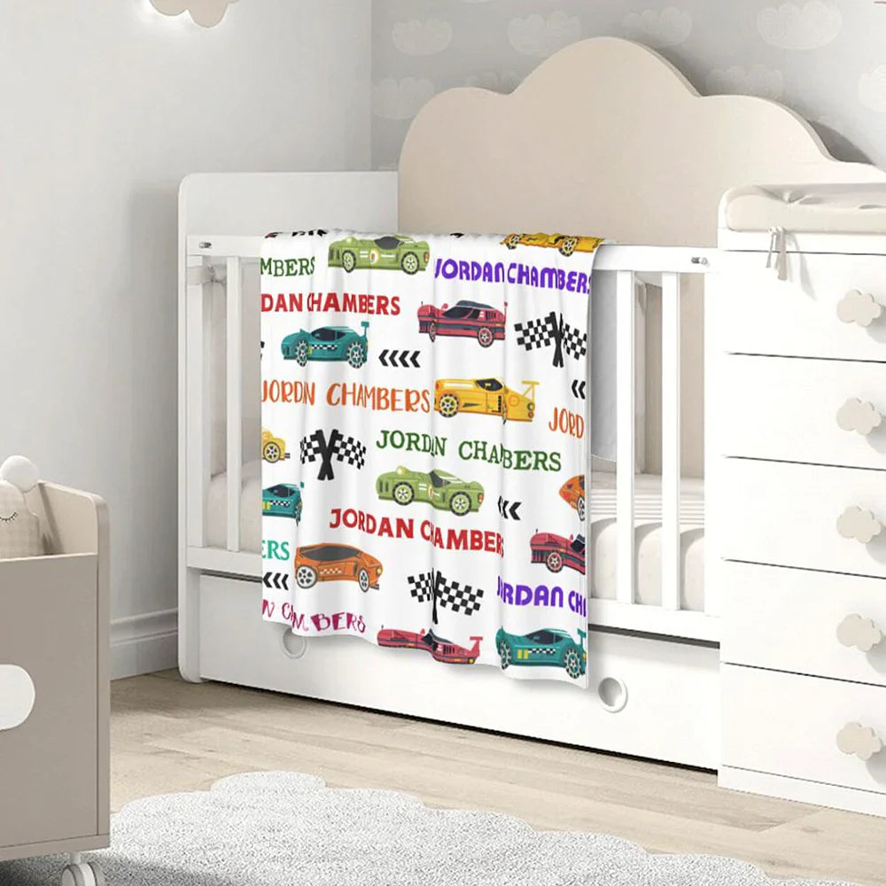 Personalized Name Fleece Racing Car Theme Blanket Toddler Baby Boy Girls | 112308