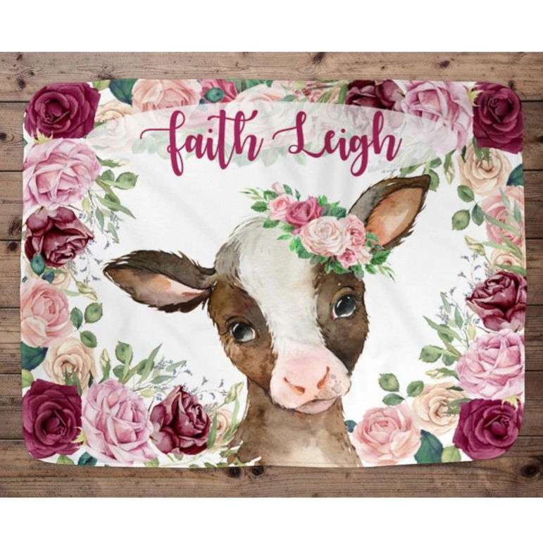 Personalized Cow Pink Flower Muti Styles Newborn Baby Girl Children Name Fleece Blanket