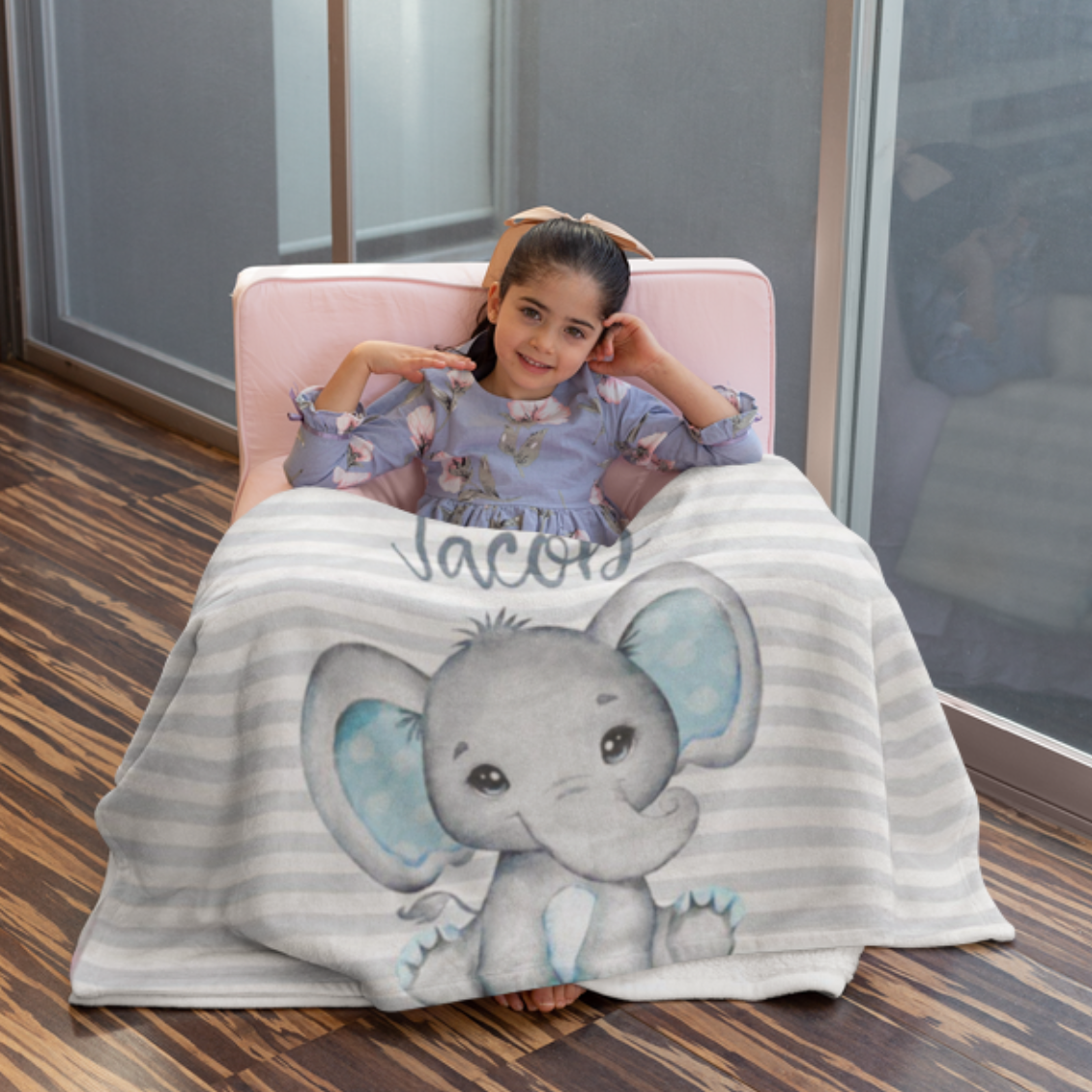 Personalized Elephant Name Fleece Blanket Blue