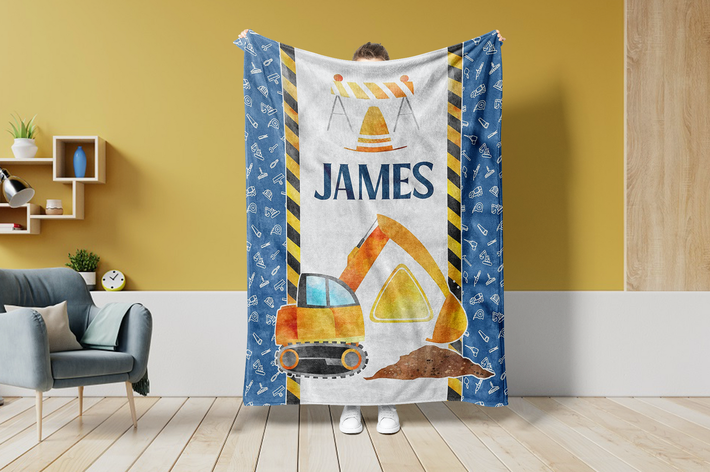 Personalized Name Fleece Excavator Blanket Toddler Baby Boy Girls | 112304