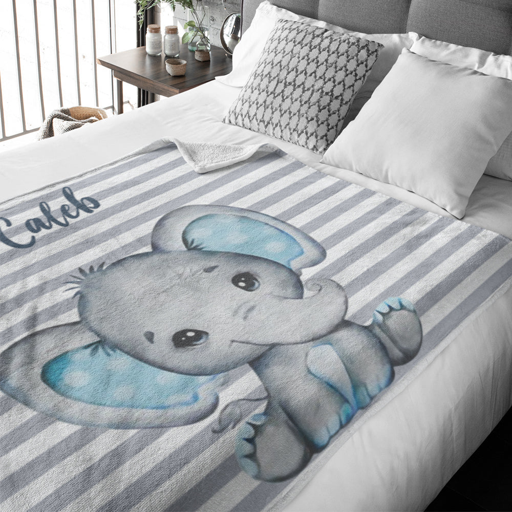 Personalized Elephant Name Fleece Blanket Blue