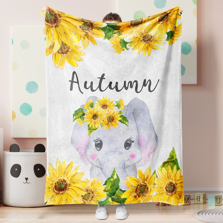 Personalized Name Fleece Blanket Elephant Nursery Sunflower