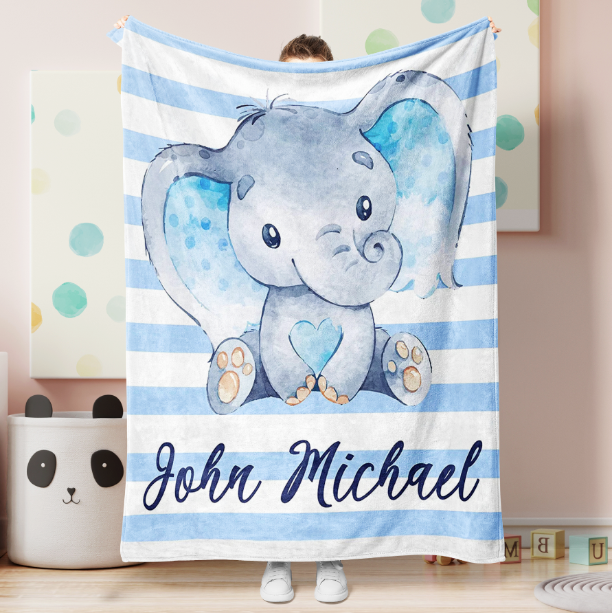 Personalized Name Fleece Blanket Elephant With Strip Blue  Sunflower