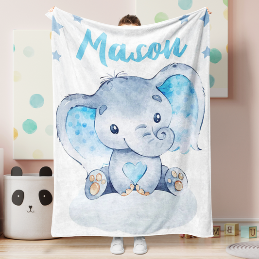 Personalized Name Fleece Blanket Elephant With Star Blue