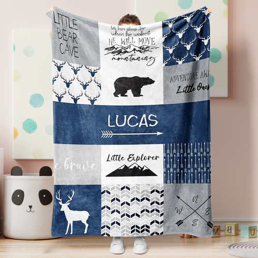 Personalized Name Fleece Blanket Bear Deer Mountain