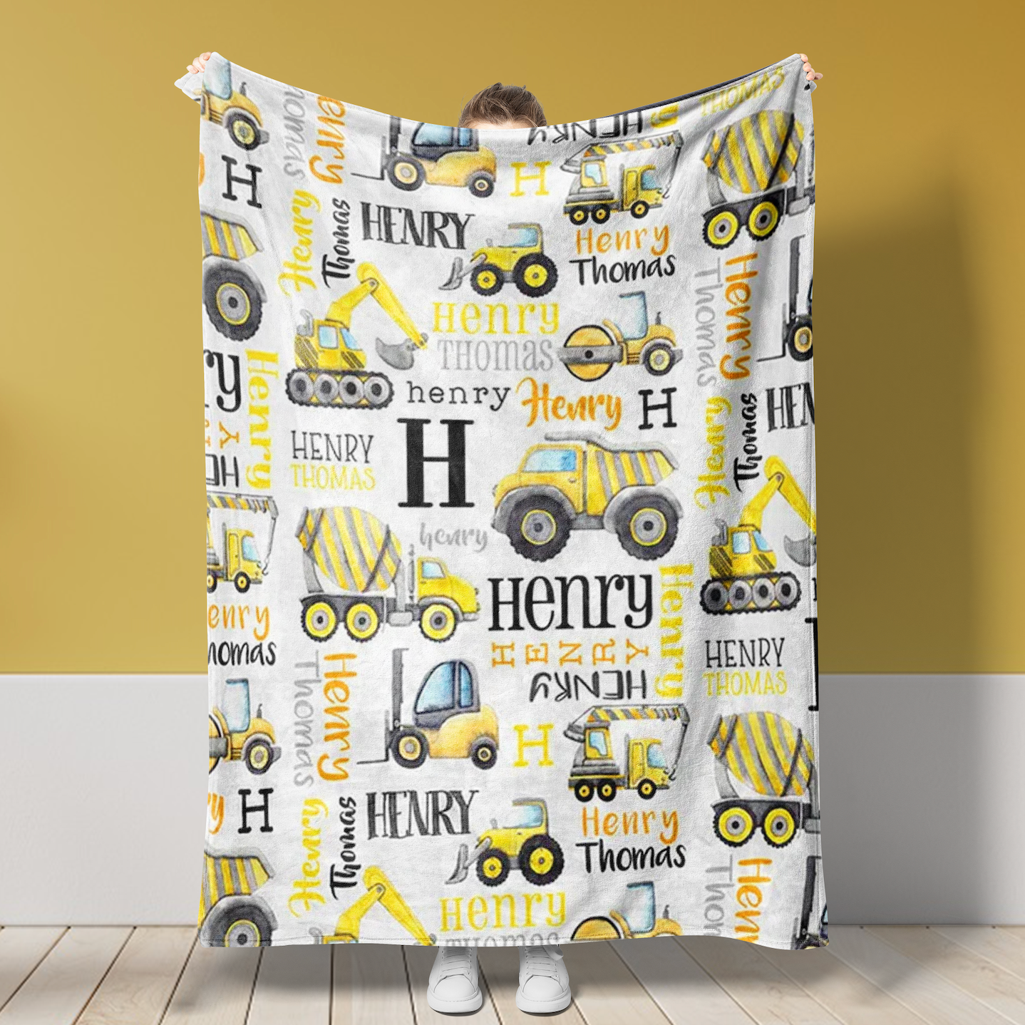 Custom Name Blanket Tractor Yellow