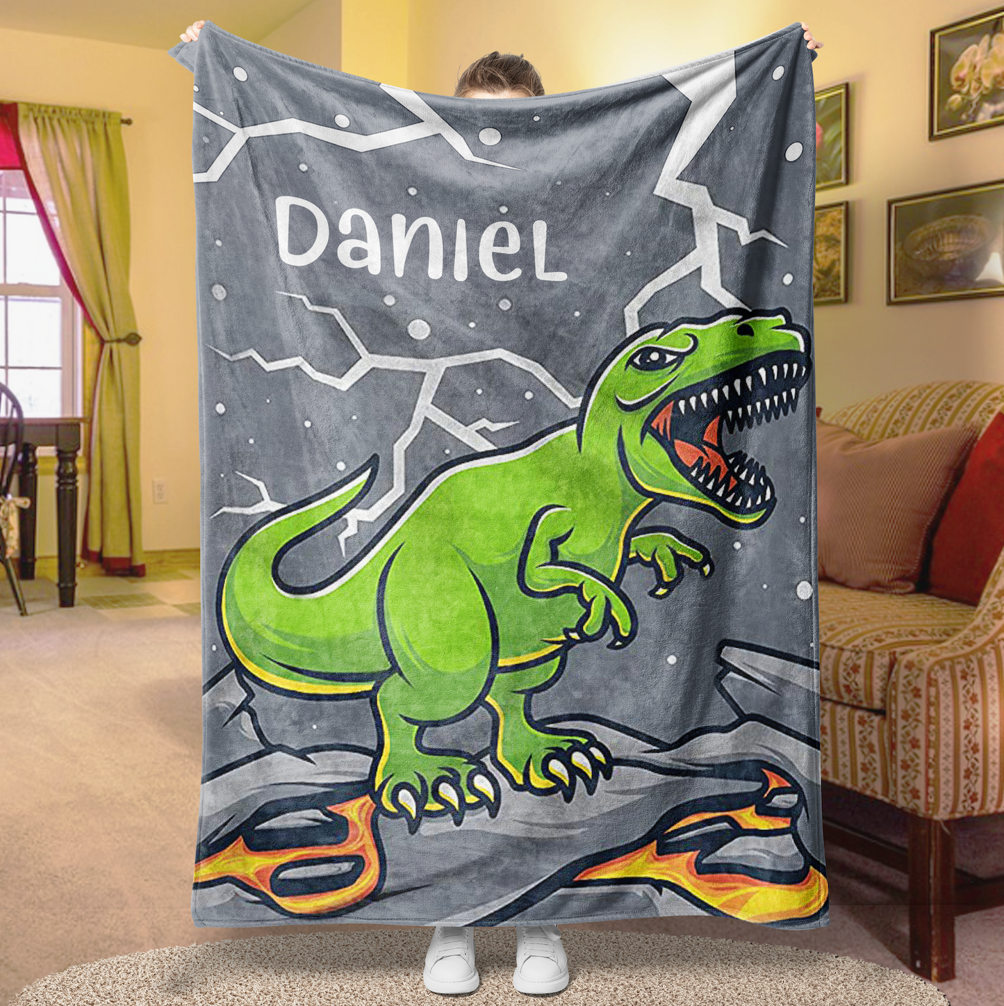 Custom Name Fleece Cartoon Dinosaur Roar Blanket