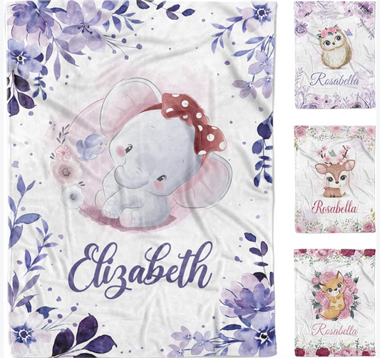 Personalized Name Fleece Cute Elephant Blanket With Flowers Purple