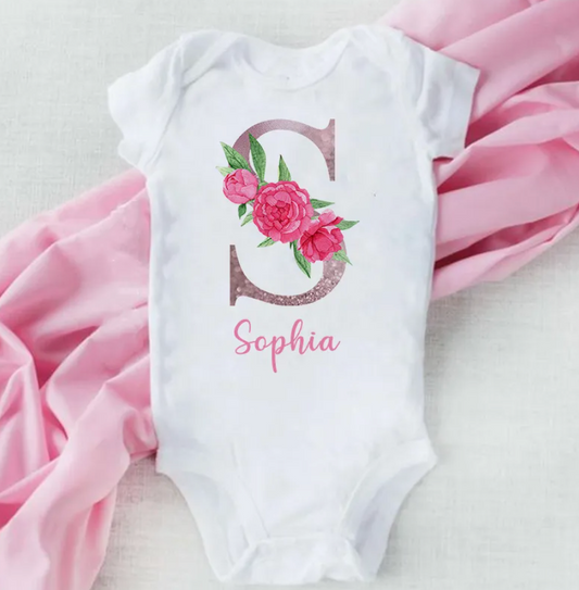Personalized Flower Theme Baby Onesie Initial With Name