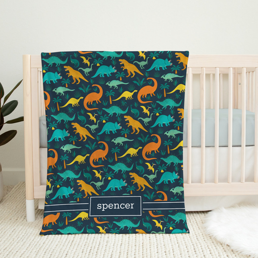 Custom Name Fleece Cute Colorful Dinosaur Blanket