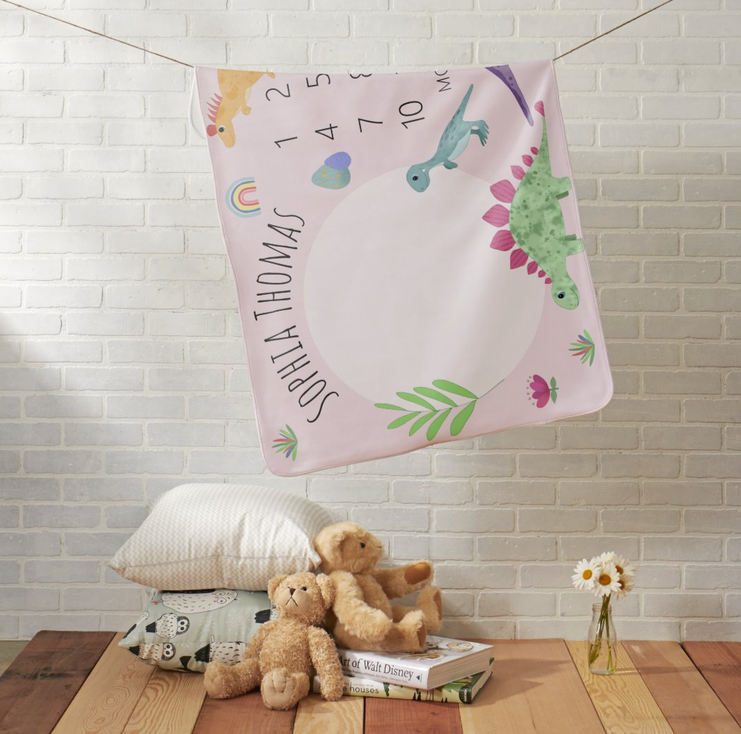 Custom Name Fleece Jungle Pink T-Rex Dinosaur Milestone Blanket