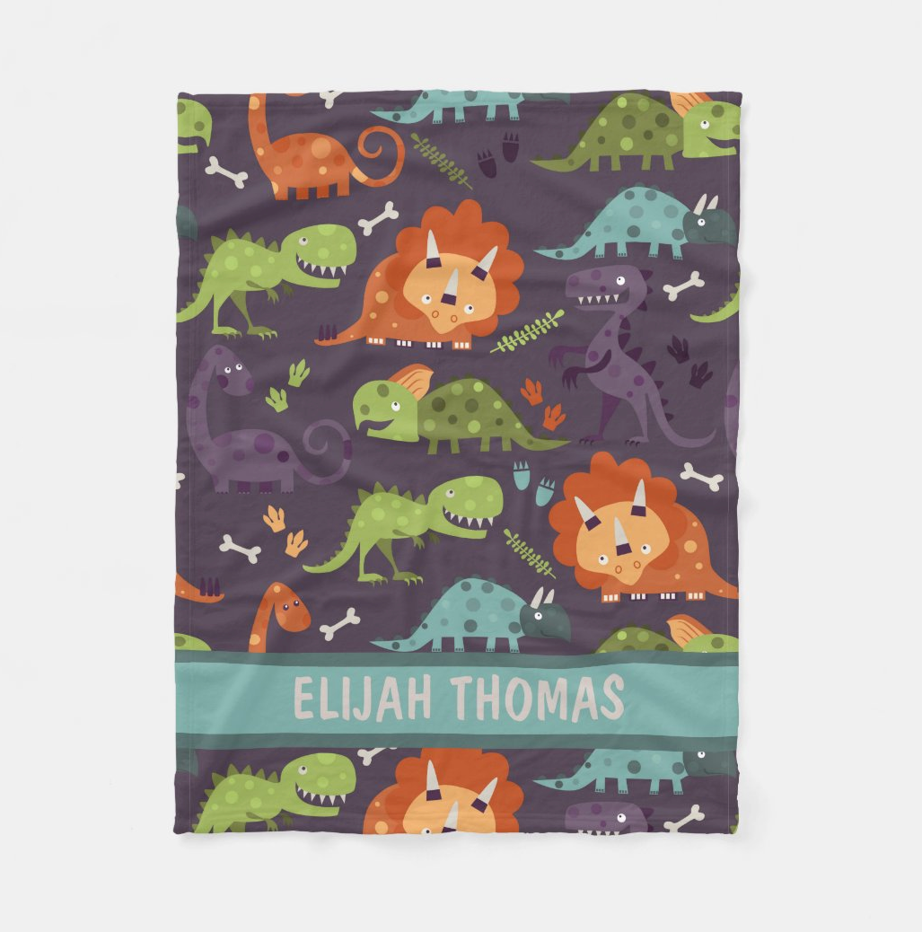 Custom Name Navy Dinosaur Jungle Cartoon Fleece Blanket
