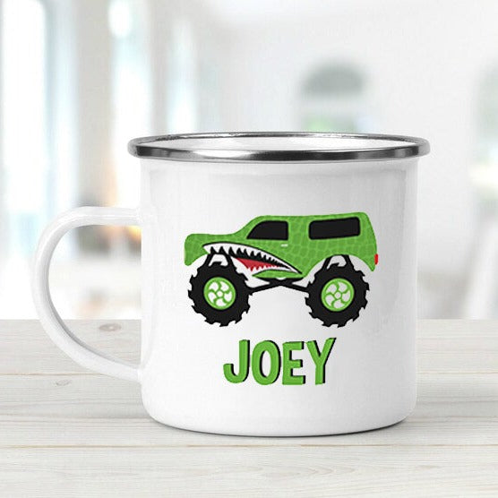 Personalized Enamel Construction Theme Mug Monster Truck Green