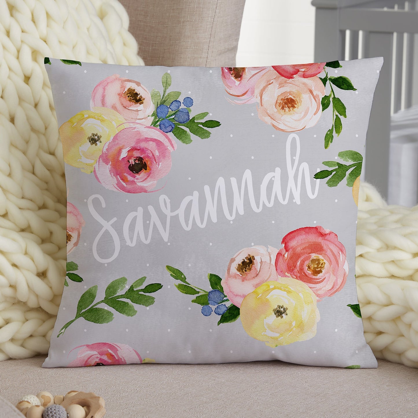 Personalized Floral Baby Throw Pillow