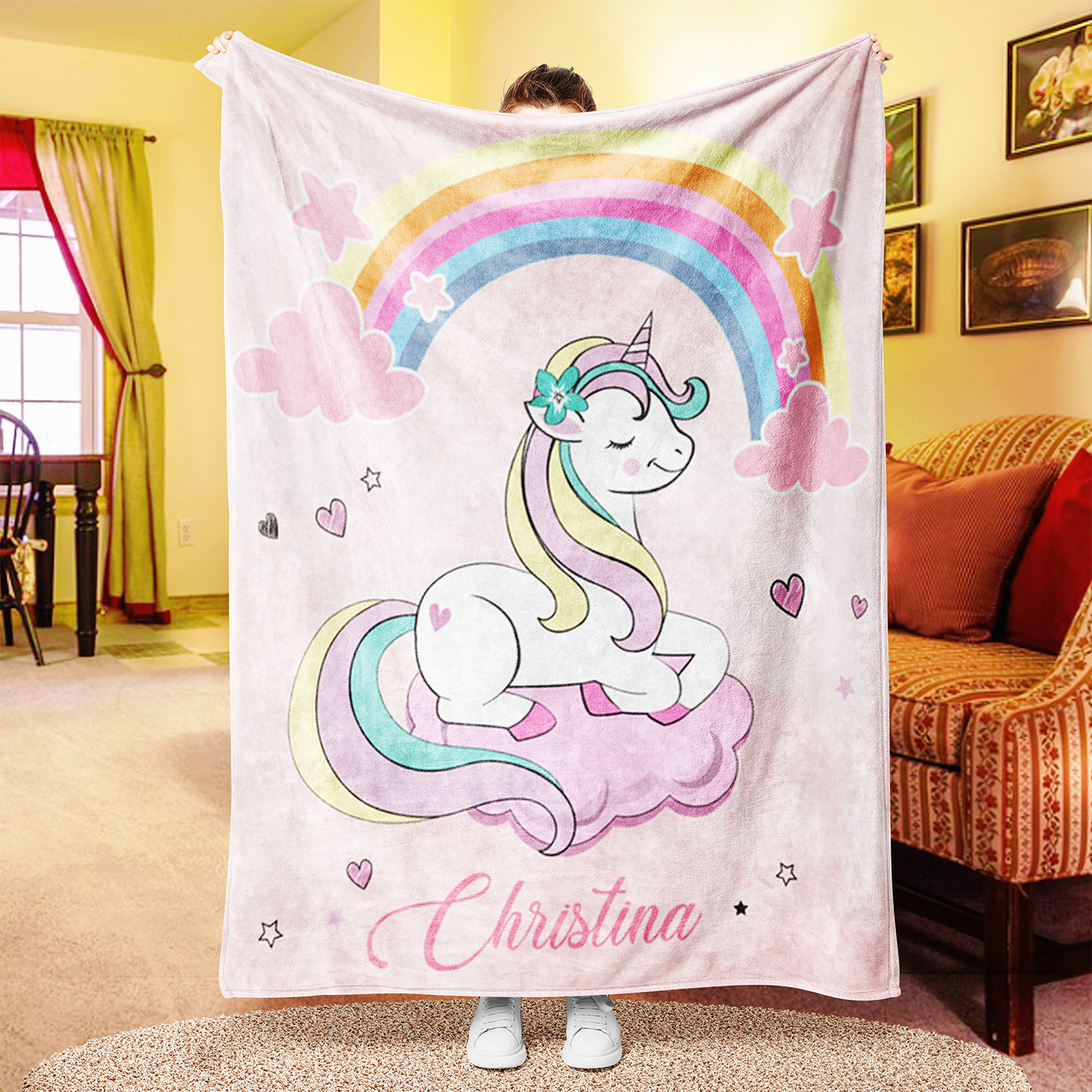 Custom Closed Eyes Unicorn On The Cloud Name Blanket Pink