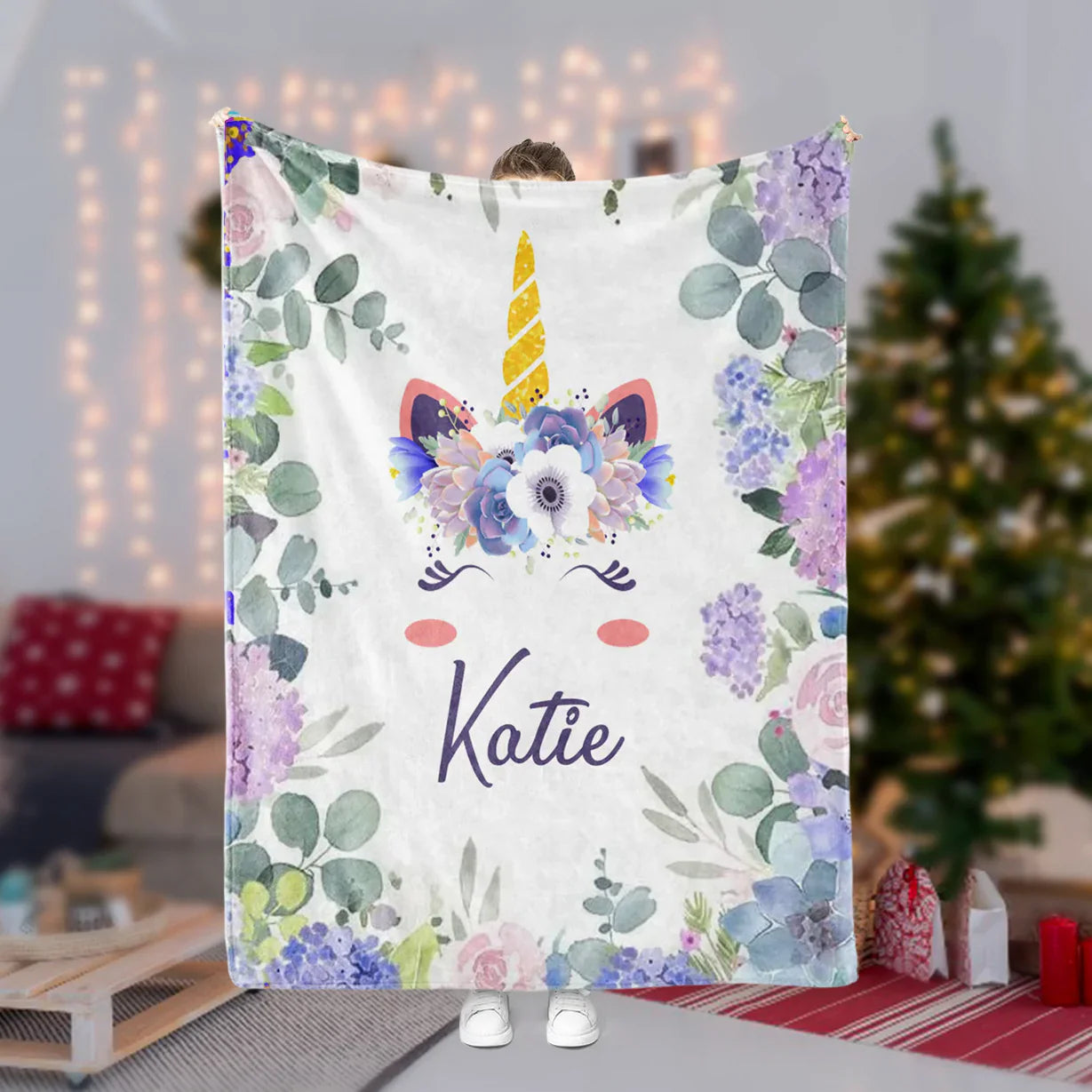 Personalized Floral Unicorn Fleece Blanket With Name Smile