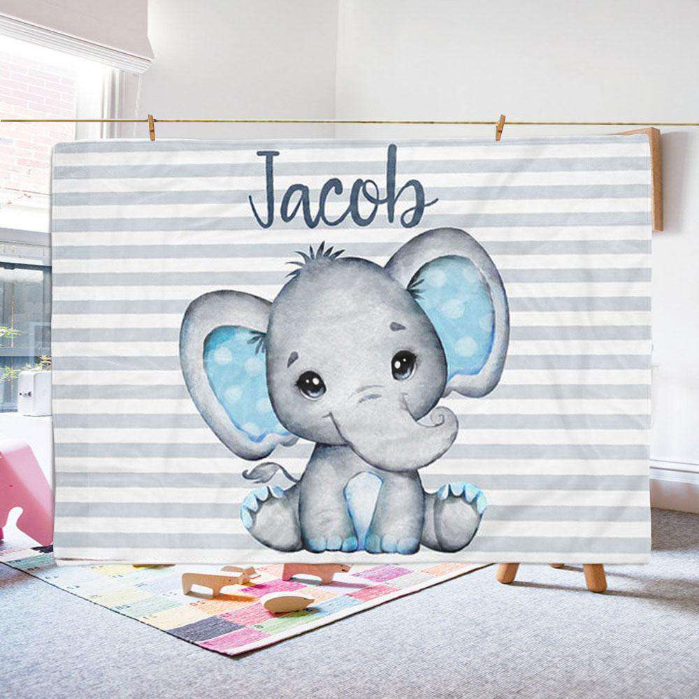 Personalized Elephant Name Fleece Blanket Blue
