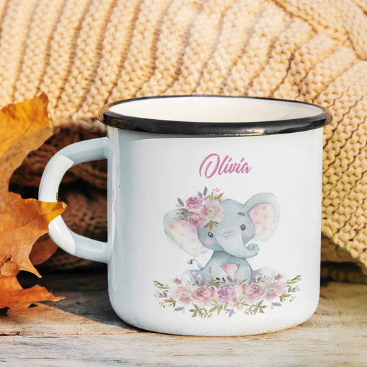 Personalized Enamel Elephant With Pink Floral Kids Mug | 22111805