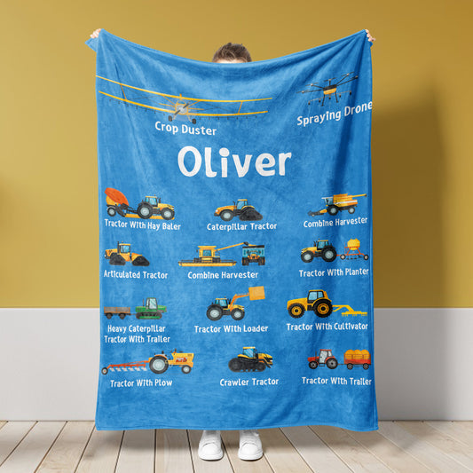 Custom Name Fleece Construction Blanket I23 - trucks, planes, excavators, tractor for kids