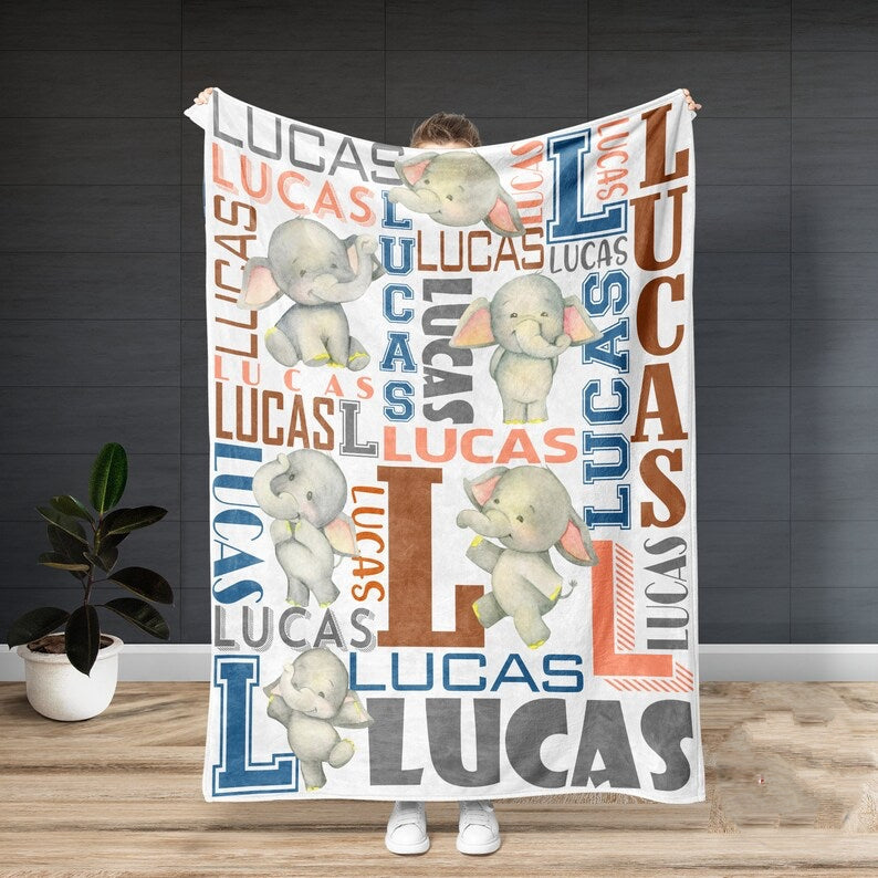 Personalized Animal Name Art Fleece Blanket Elephant