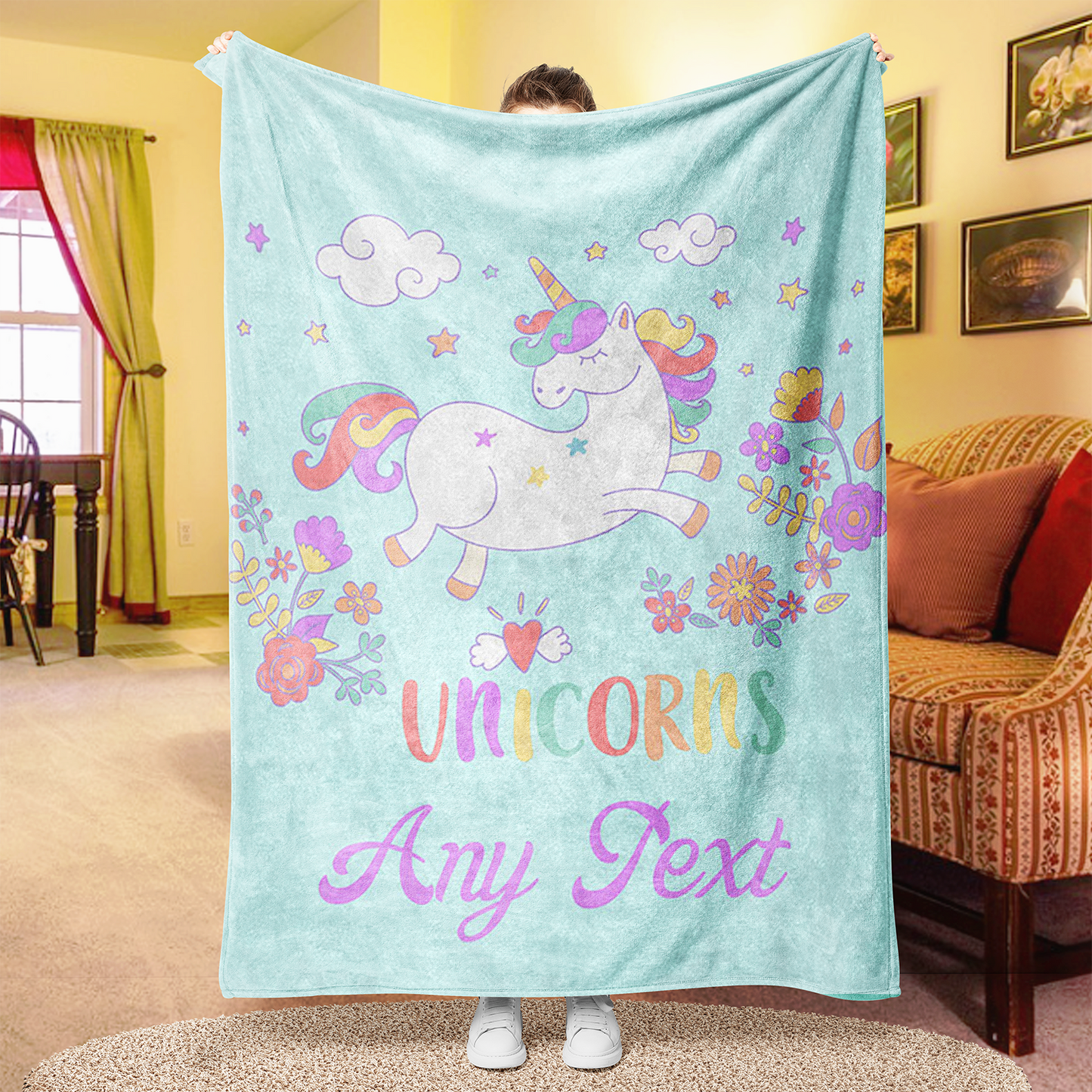 Custom Cute Closed Eyes Unicorn Blanket With Name Floral