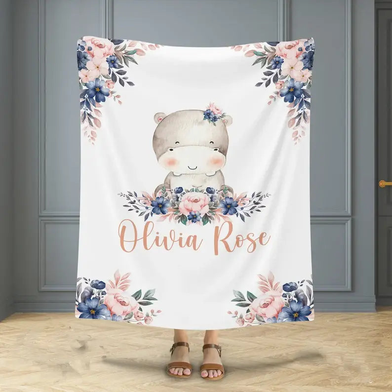 Personalized Animal Name Fleece Blanket Hippo