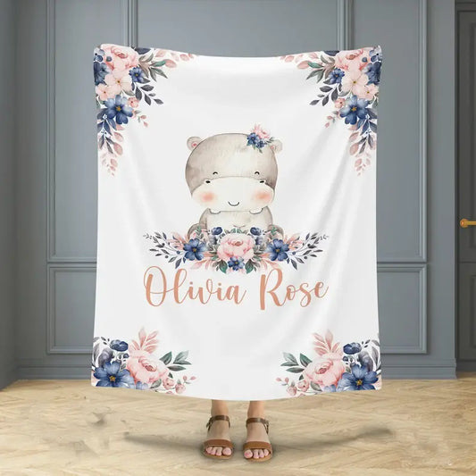 Personalized Animal Name Fleece Blanket Hippo
